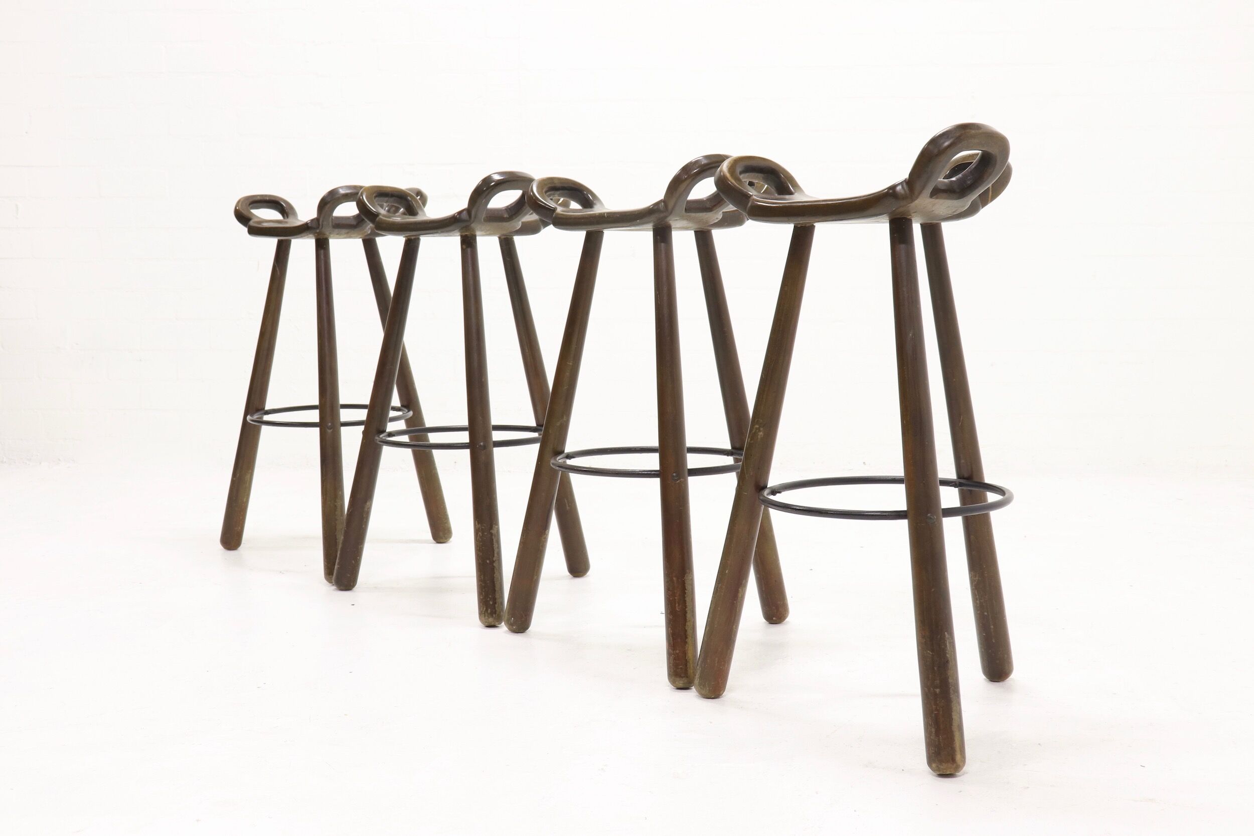 Set of 4 brutalist spanish marbella bar stools, 1950