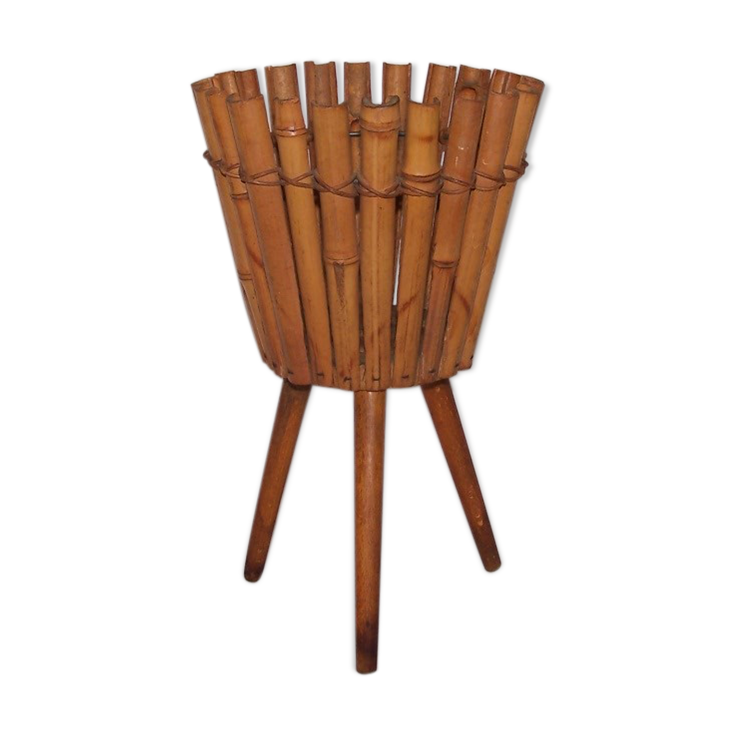Rattan tripod planter of the 1950s
