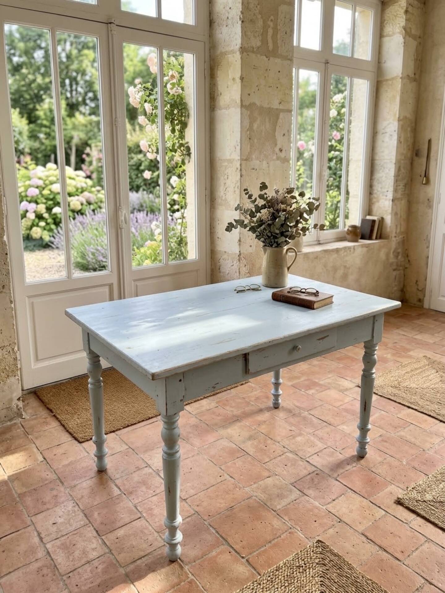 Old patinated blue bistro farmhouse table - 1.2m