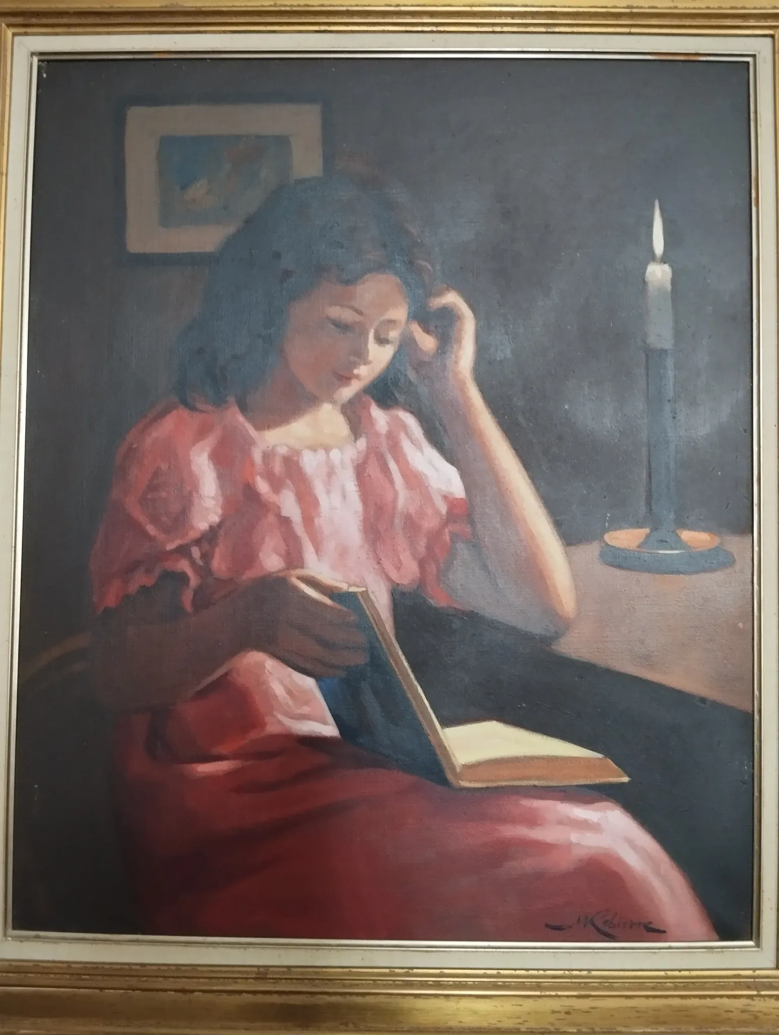 Marc REBIERRE "The Reader in the Red Dress" oil on canvas signed and framed