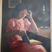 Marc REBIERRE "The Reader in the Red Dress" oil on canvas signed and framed
