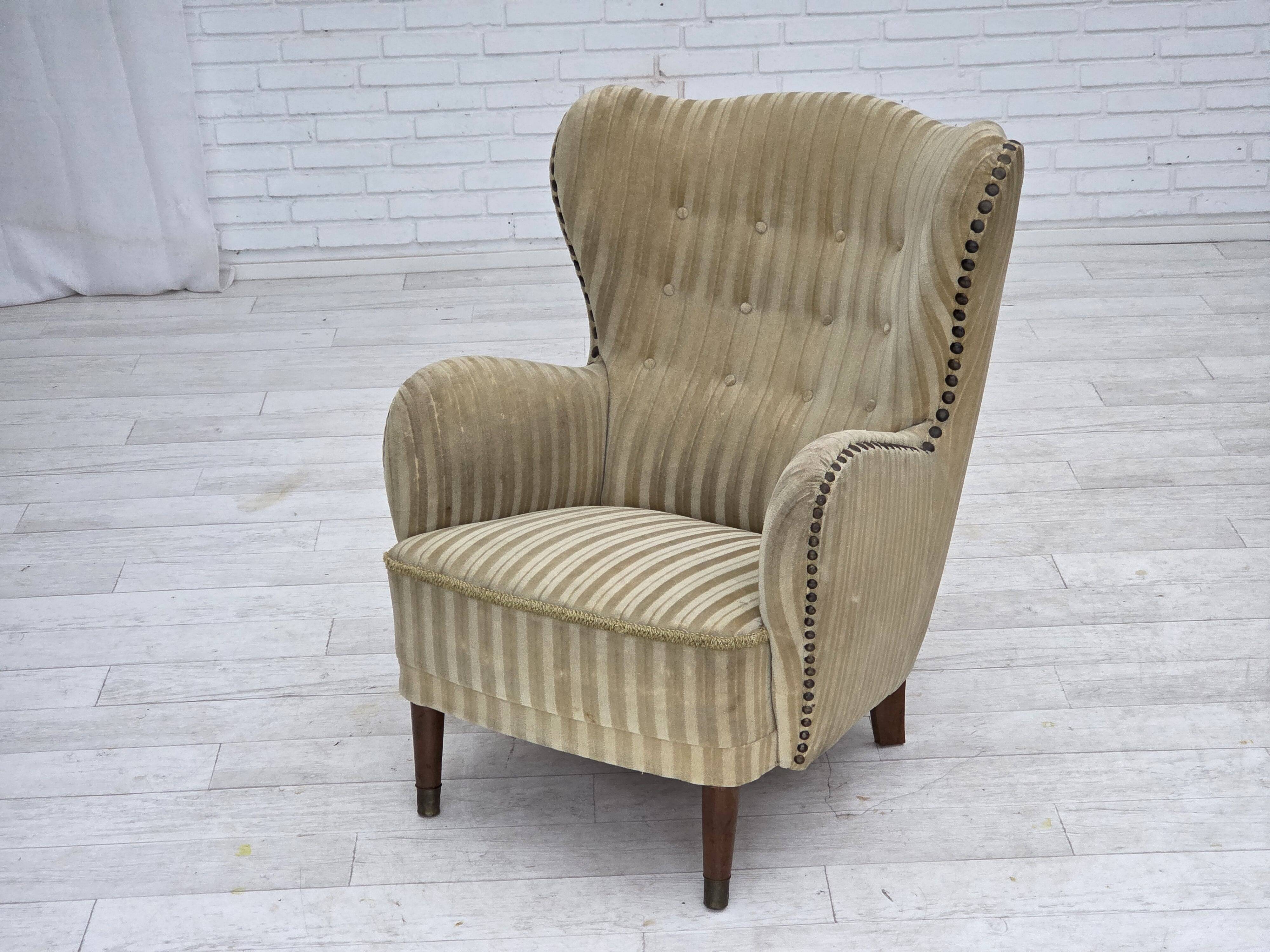 1960s, Danish armchair, light green furniture velour, beech wood.