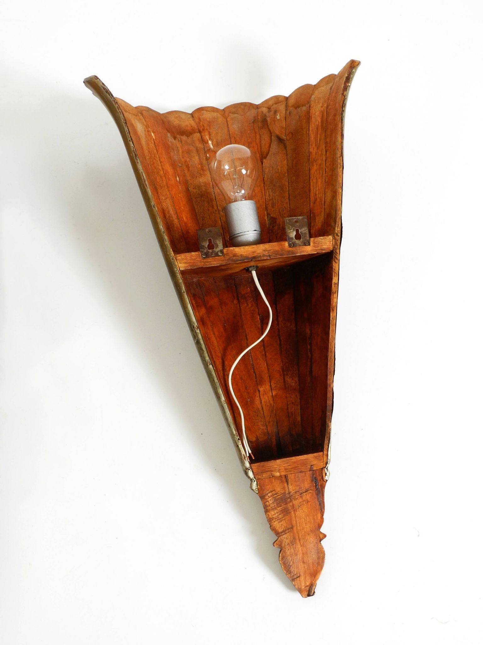 Two large, rare 1950s wall lamps made of wood with aluminum cladding