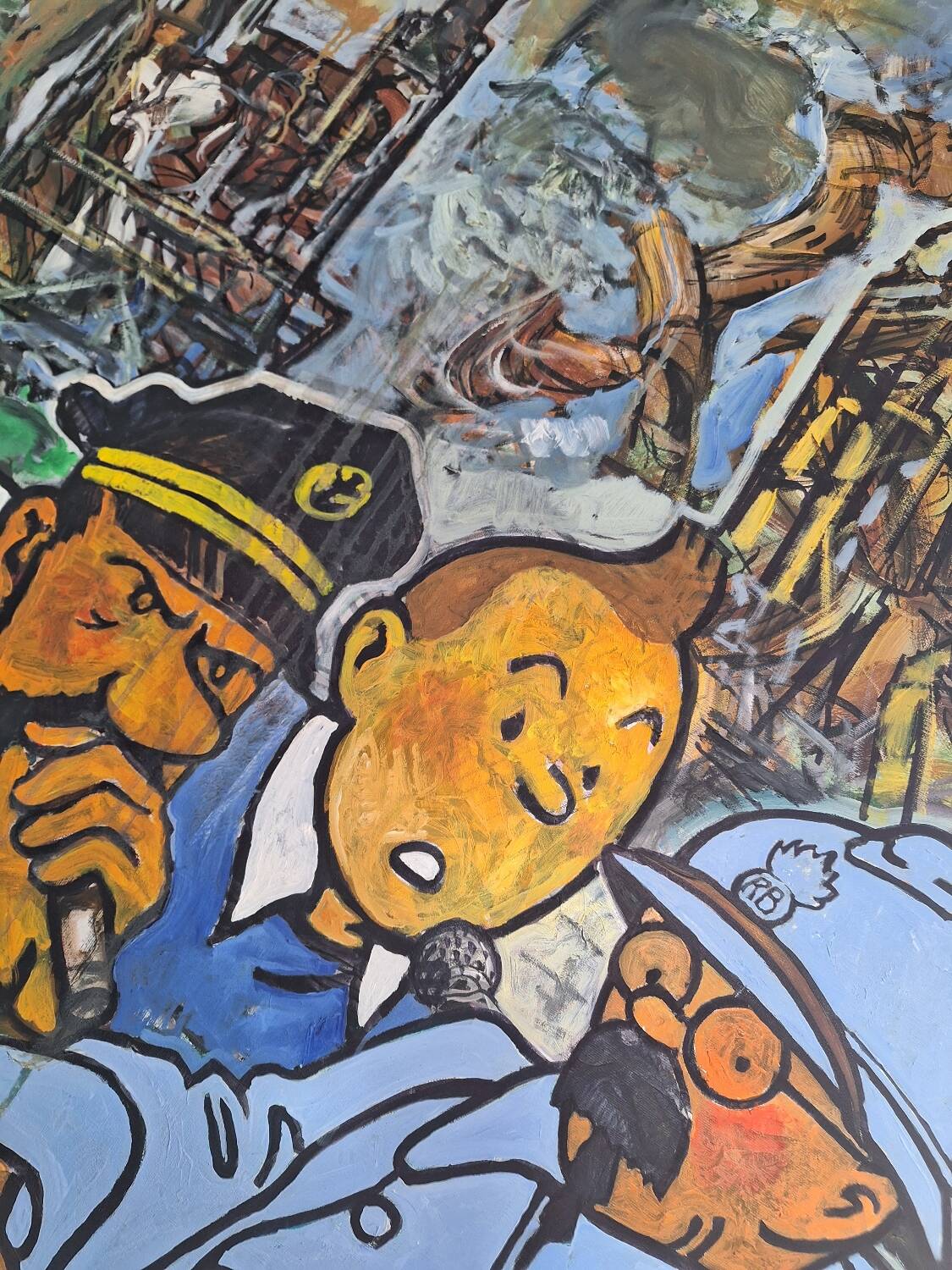 Large Tintin canvas, Captain Haddock, Tryphon Calculus, vintage painting