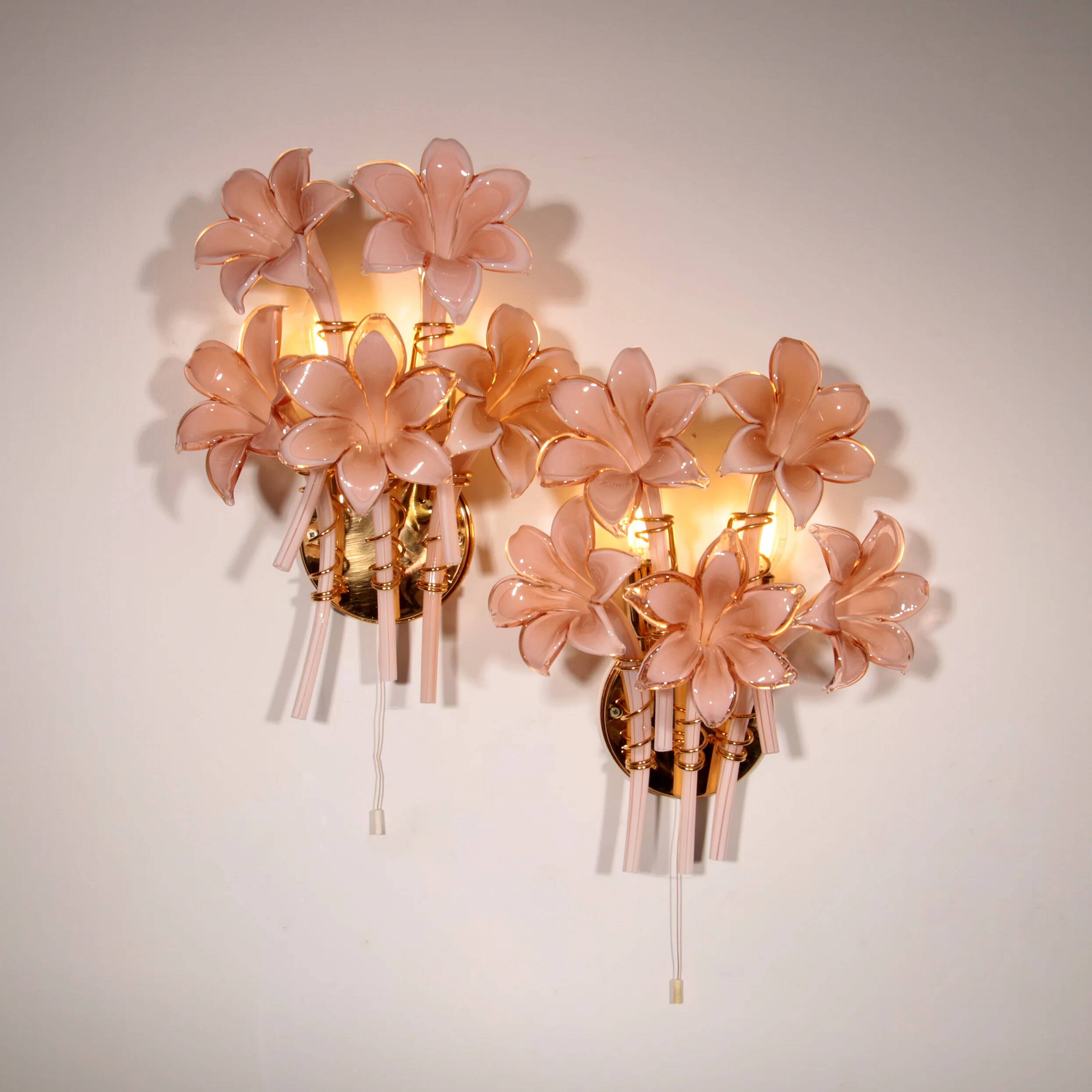 Pink lily spectacular Murano wall lamps by Franco Luce 1970