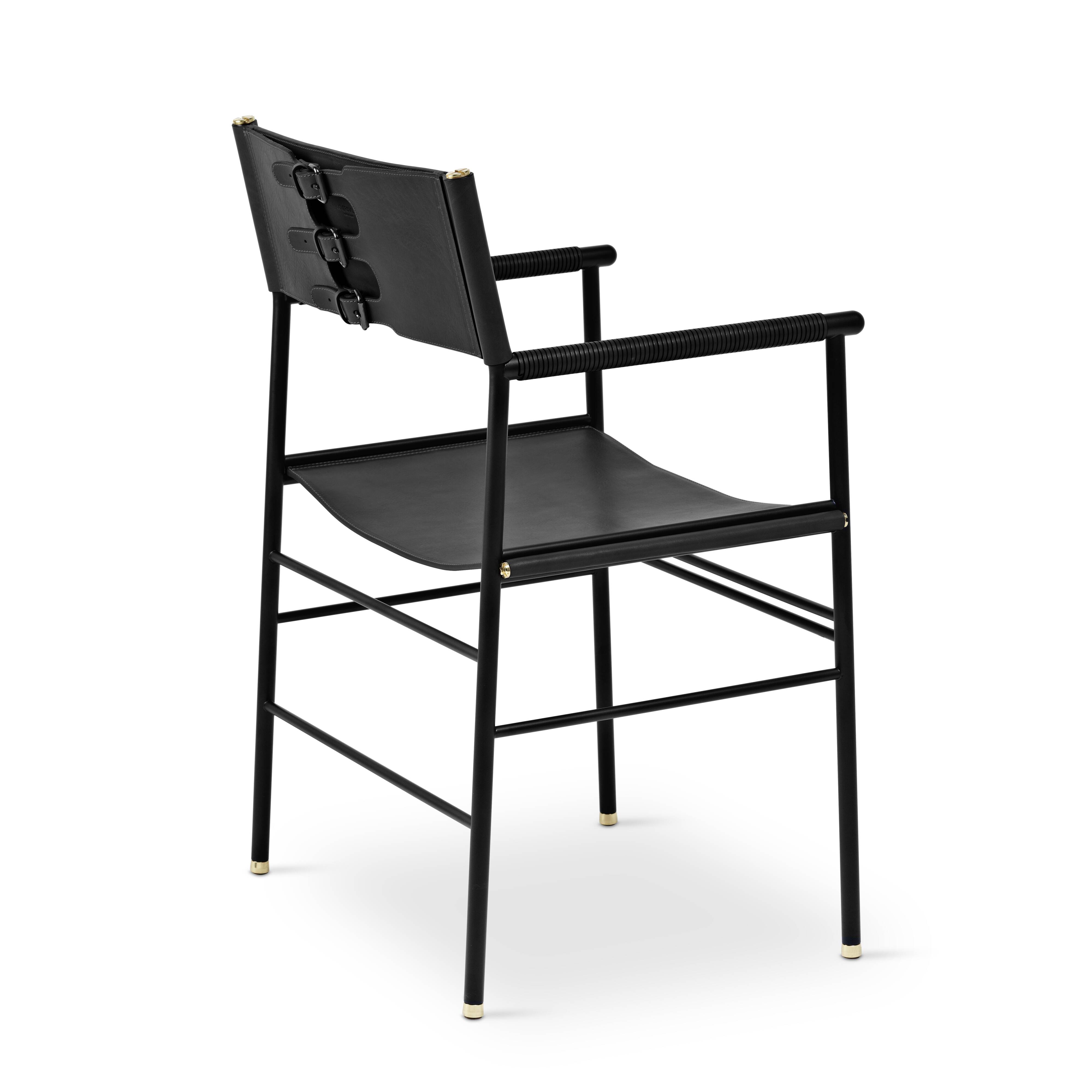 Contemporary bar stool with a black metal backrest and black rubber.