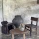 Stool, tabouret or low Japanese-style armchair in brutalist monoxyle radica.