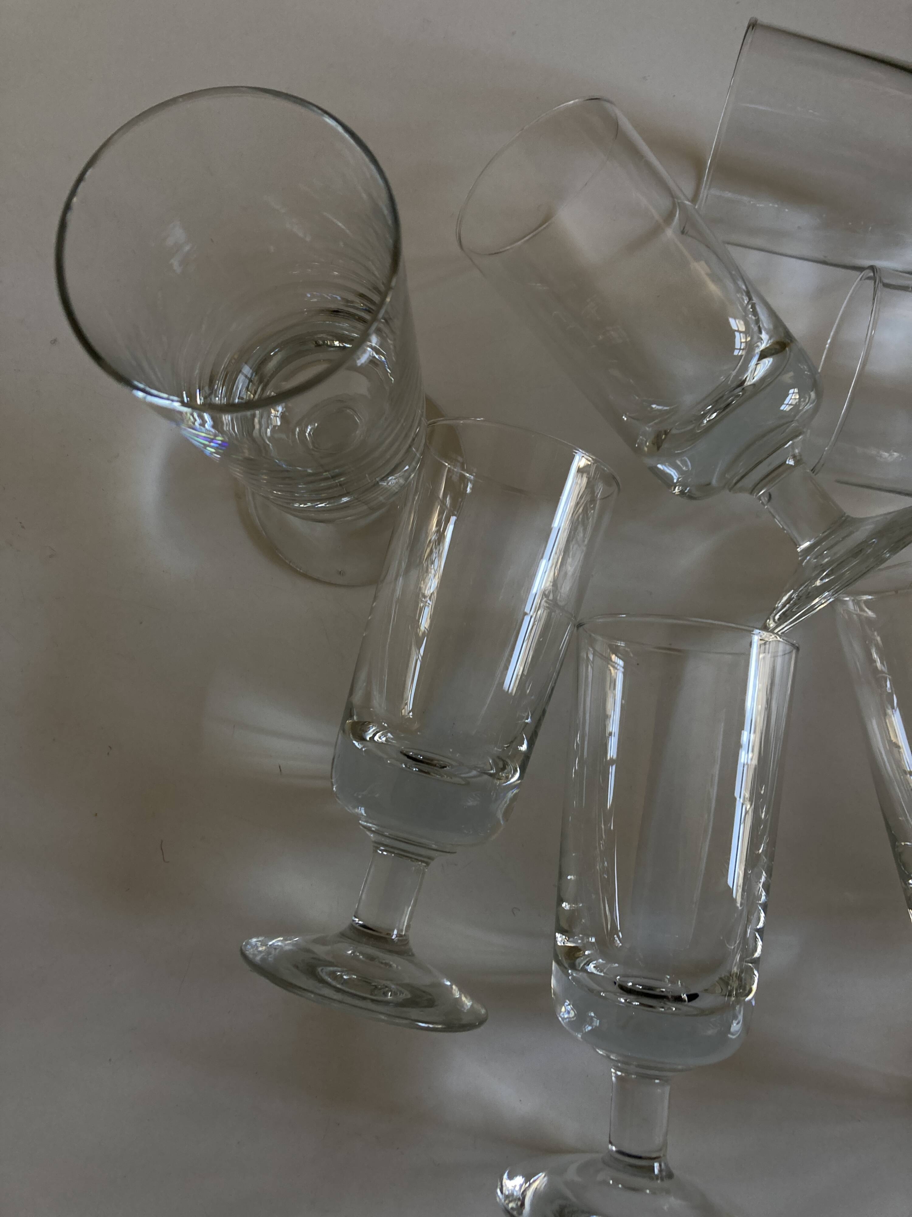 Set of 9 modernist half crystal water wine roller glasses 1960