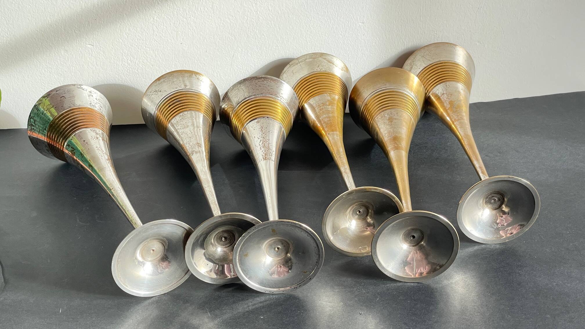 6 Vintage Silver-Plated Brass Champagne Flutes