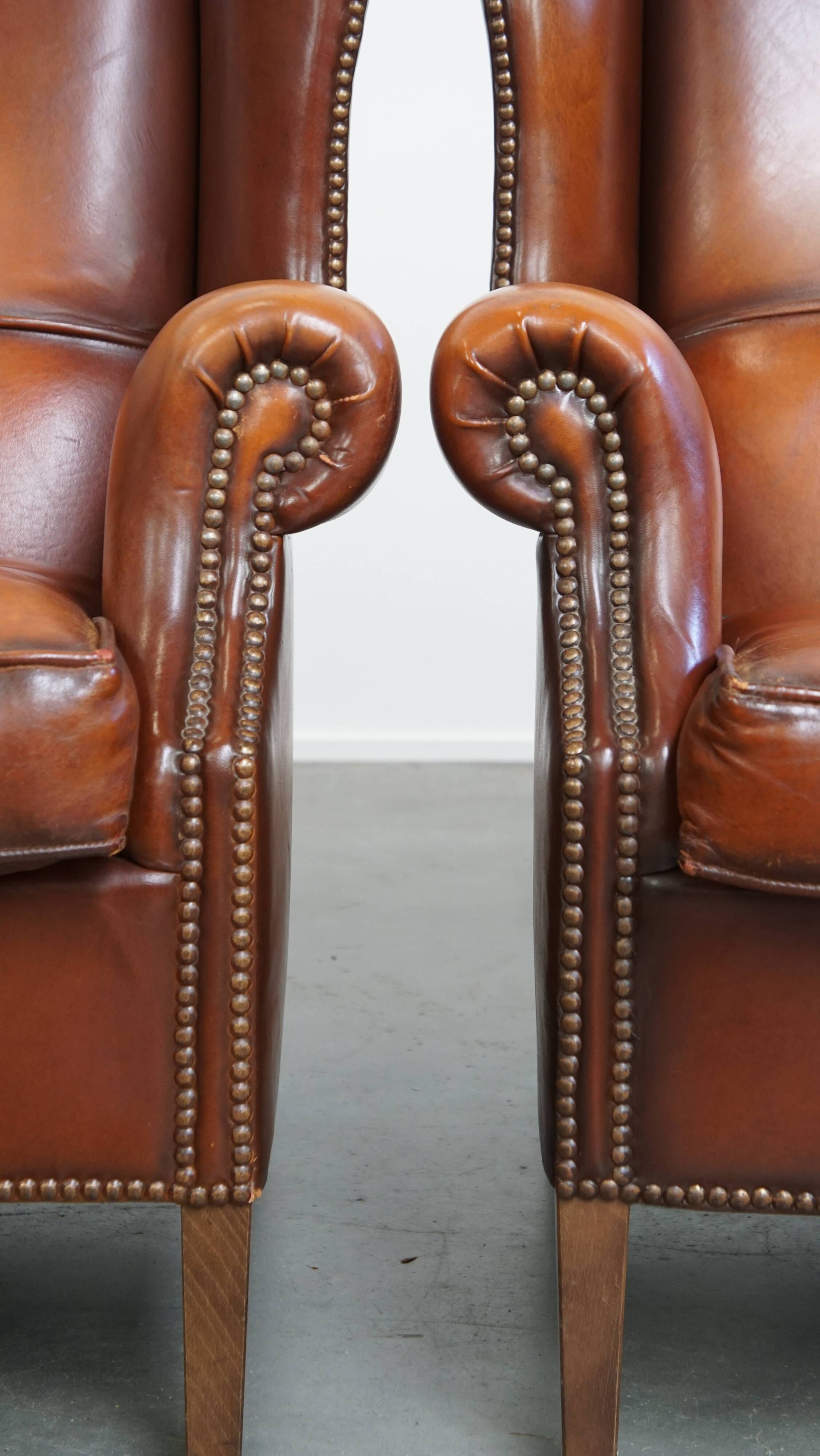 Set of 2 English style sheepskin leather wingback armchairs