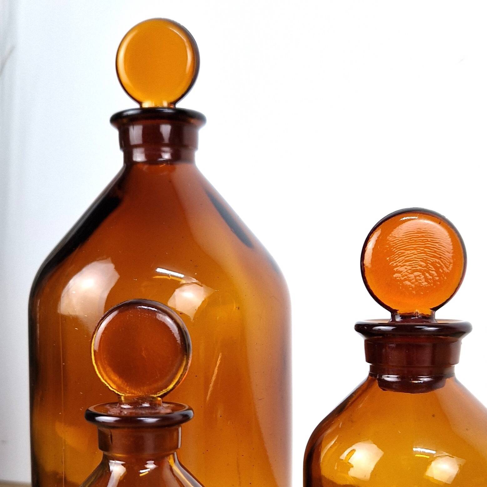 3 amber glass apothecary bottles - pharmacy bottles