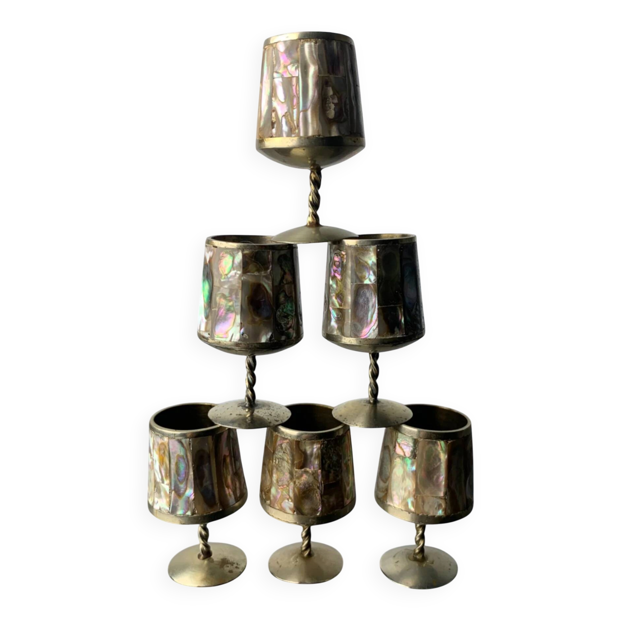 Abalone shell & alpaca shot glasses, set of 6, Mexico, circa 1970s