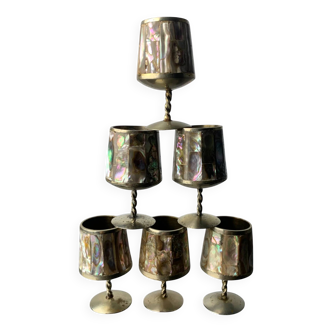 Abalone shell & alpaca shot glasses, set of 6, Mexico, circa 1970s