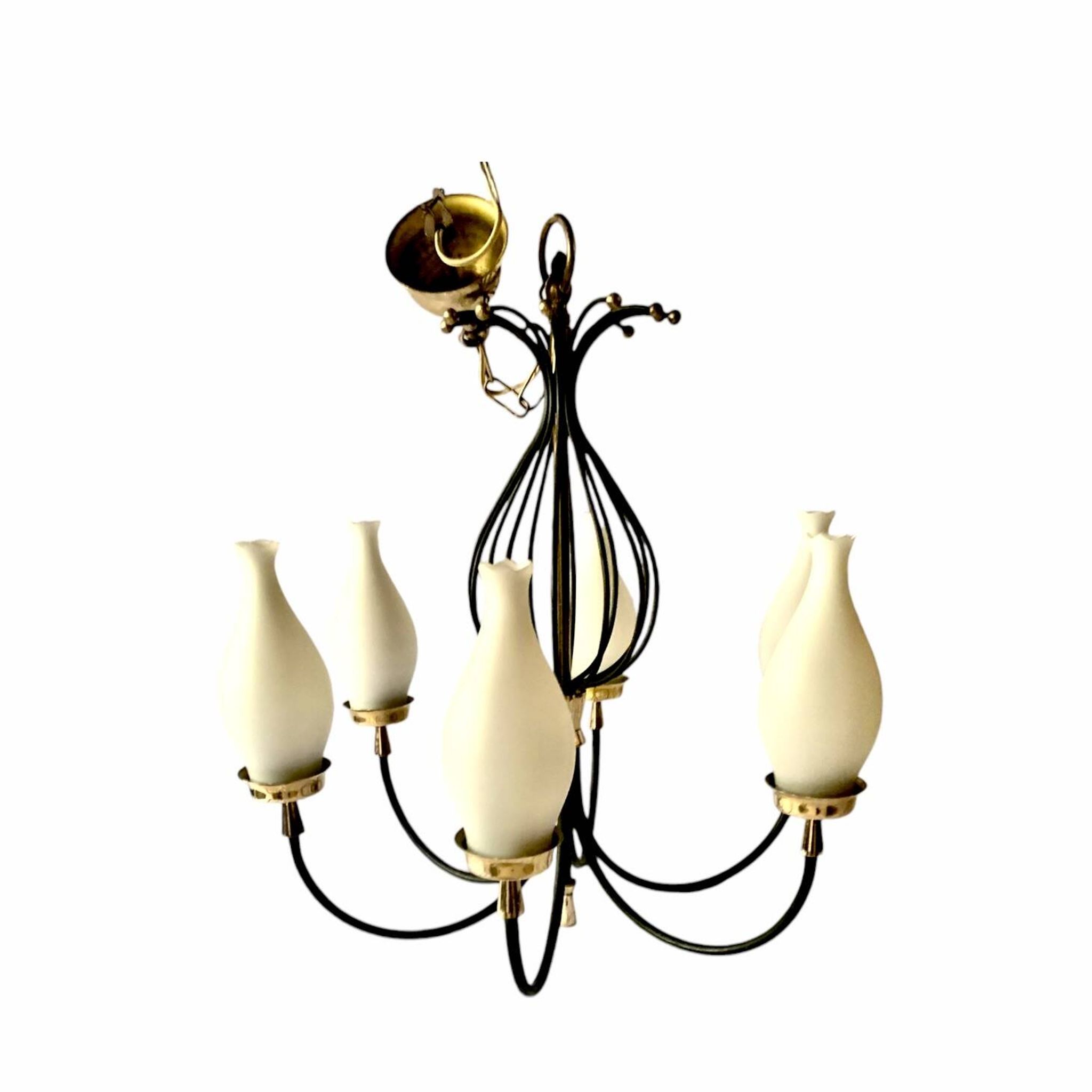 Lustre 6 feux vintage en métal noir et laiton