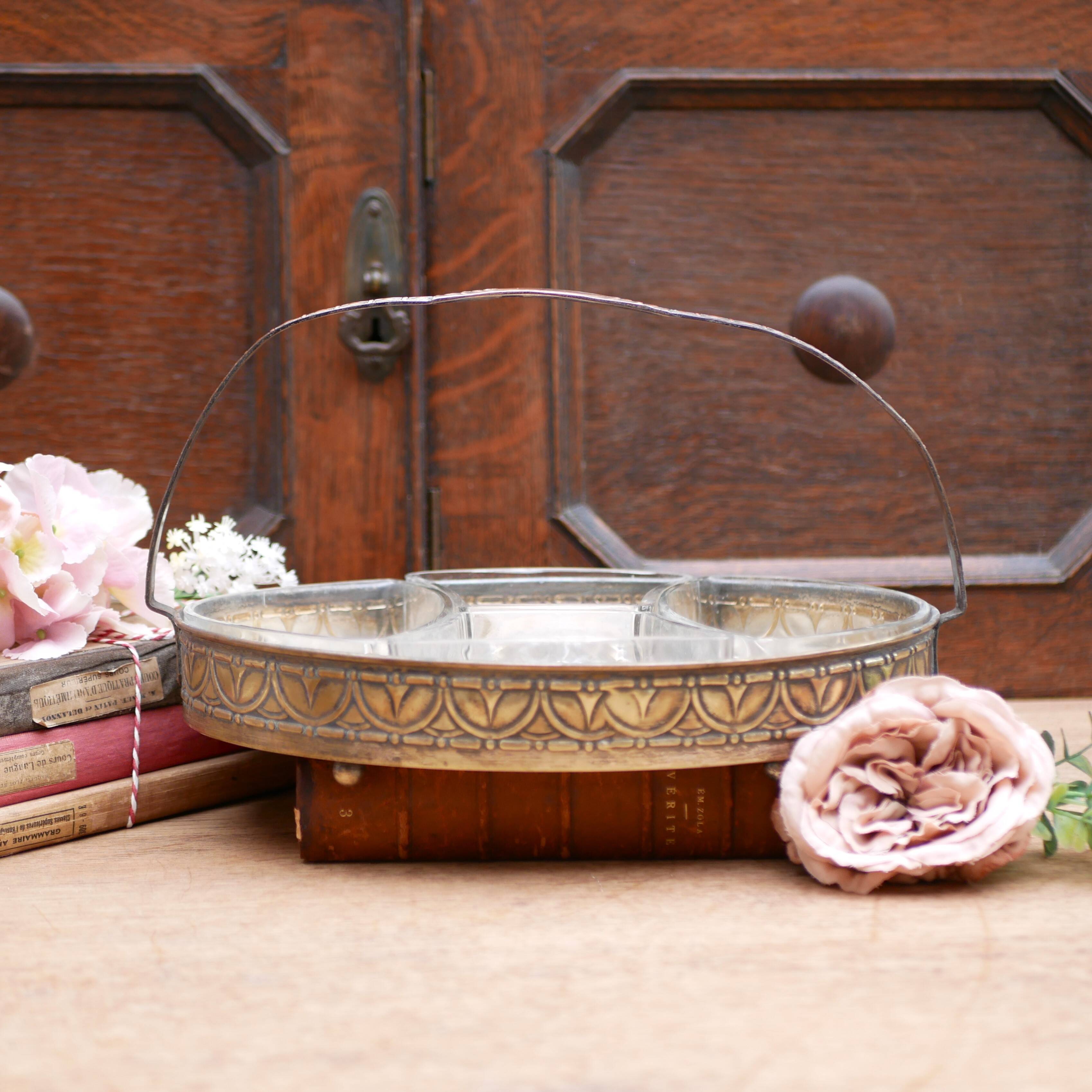 Art Nouveau serving dish plated in copper with removable glass inserts.