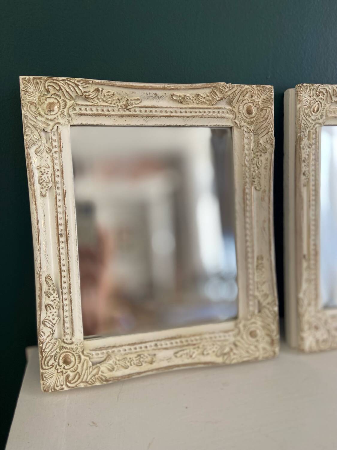 Set of two pretty mirrors in white, beige, and gold tones. Bohemian