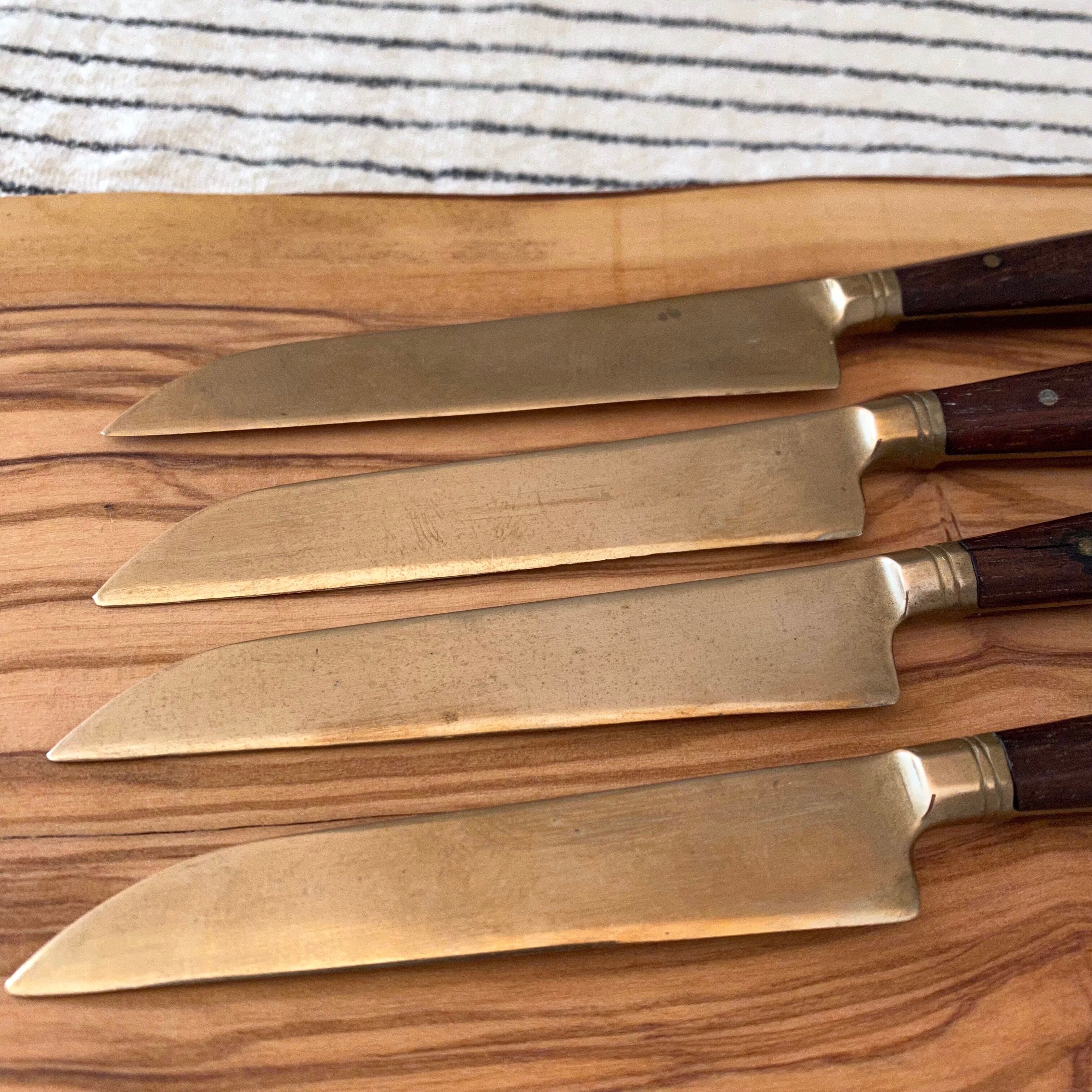 8 Vintage Knives, Antique Fruit Knives, Wooden Knife Set, Brass, Mid Century Cutlery.