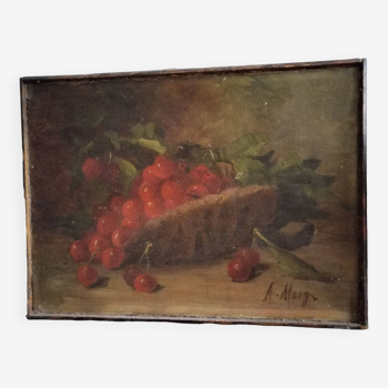 Huile sur toile nature morte cerises