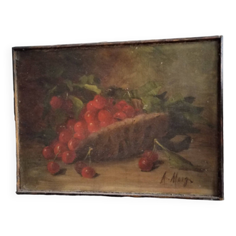 Huile sur toile nature morte cerises