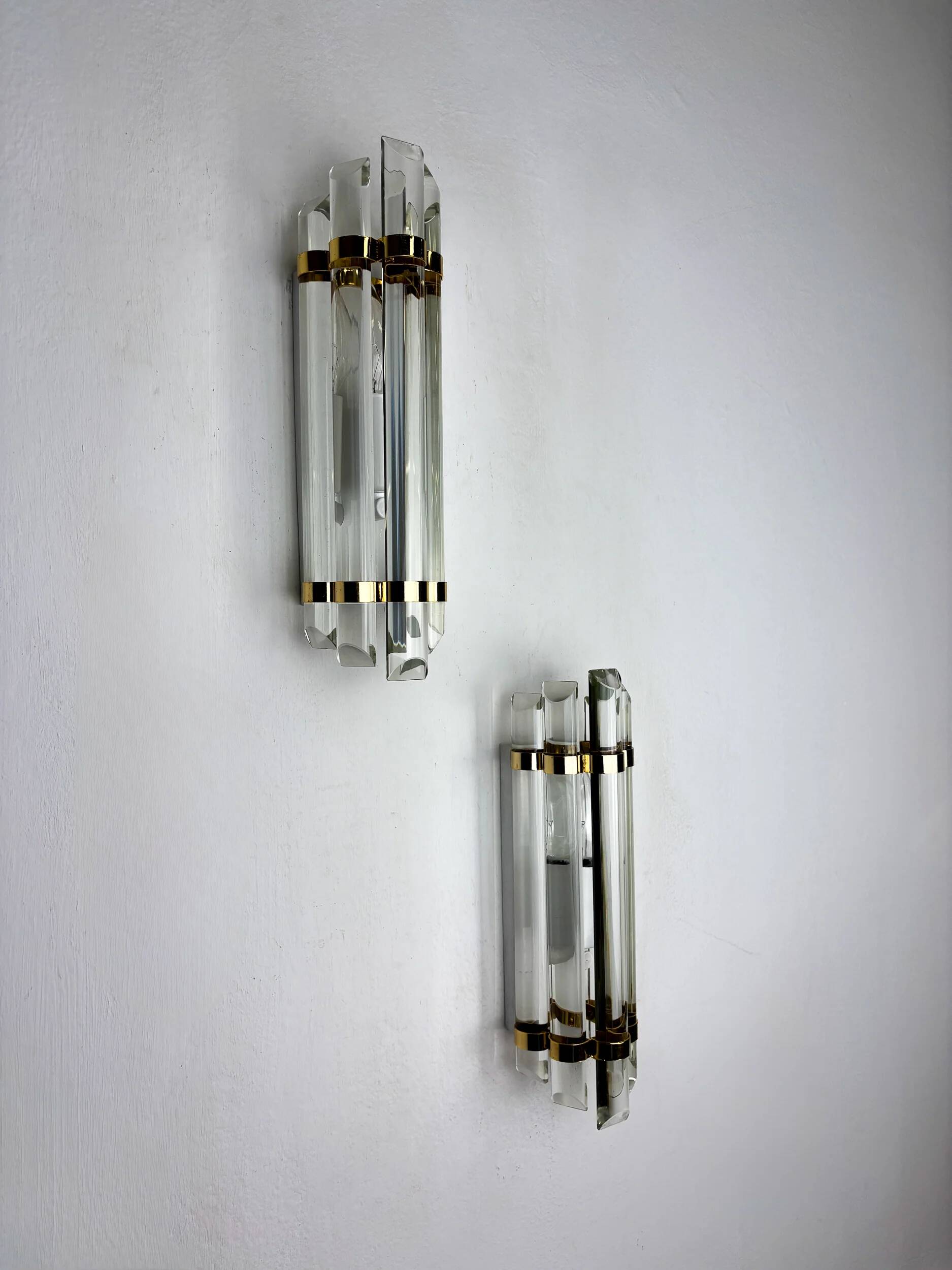 Pair of Venini half-moon wall lights – cut crystal glass & brass, Italy 1970s
