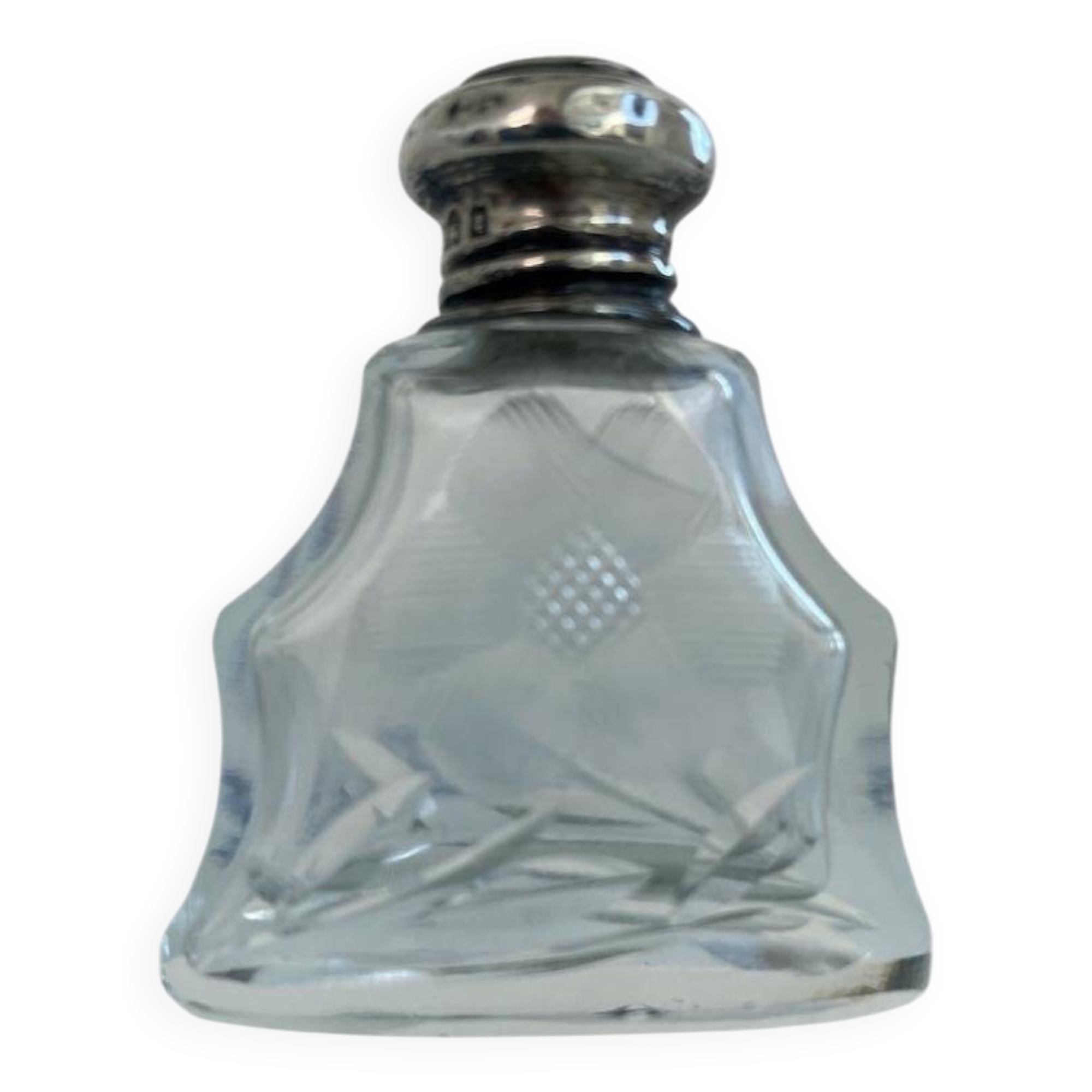 Perfume bottle, salt, silver, engraved glass, 1908, English silver hallmarks