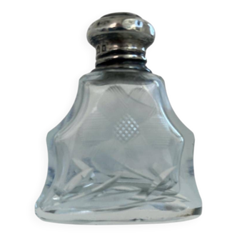Perfume bottle, salt, silver, engraved glass, 1908, English silver hallmarks