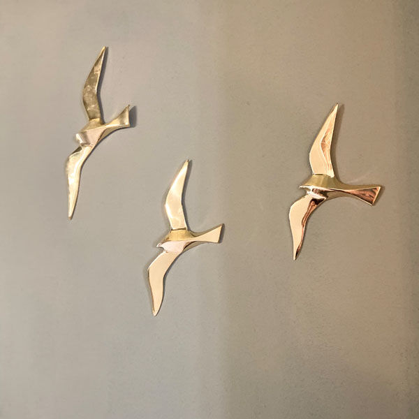 Series of 3 golden brass seagulls to hang