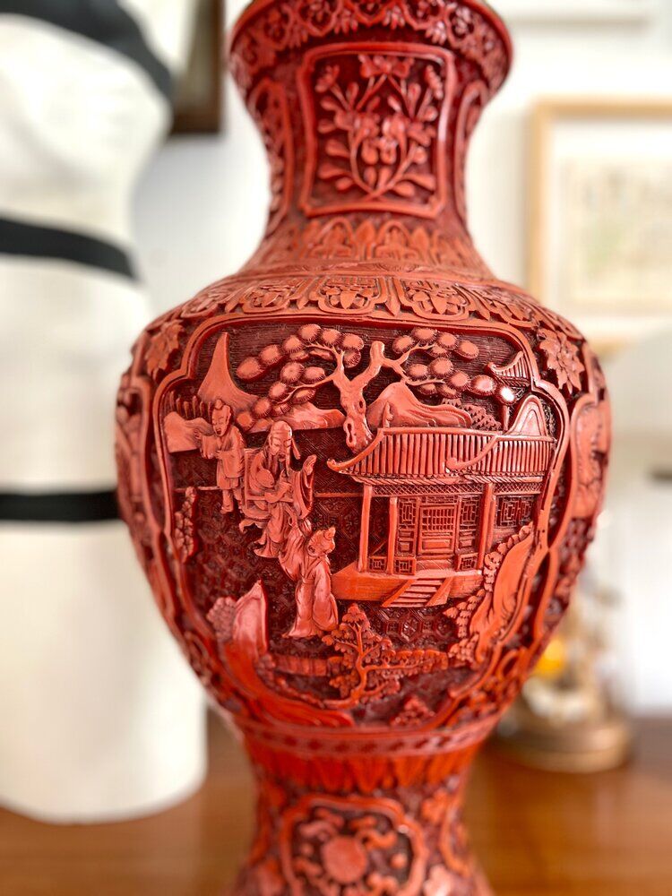 Asian metal vase and red resin