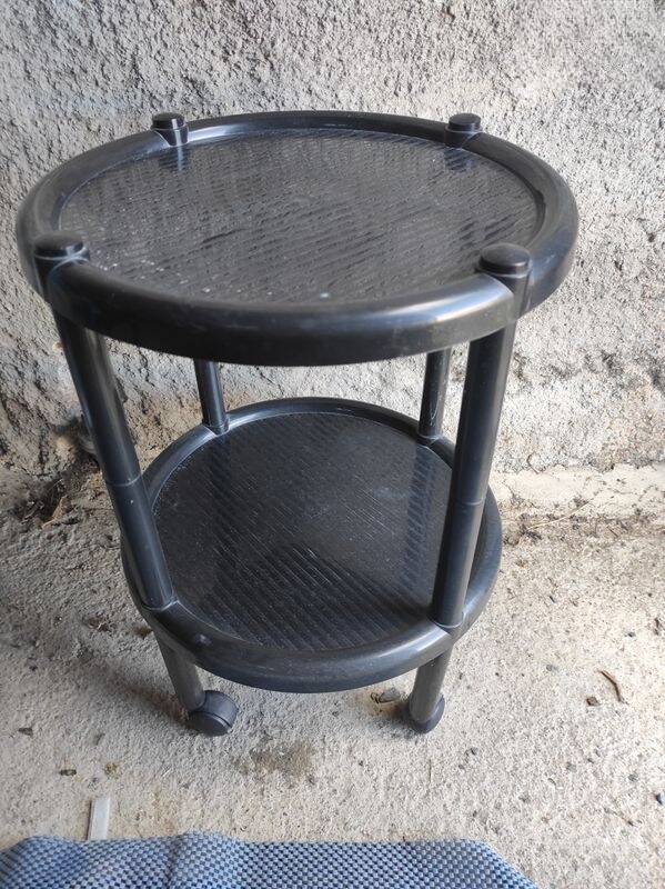 Black PVC side table on wheels - Retro Vintage 36x52 cm