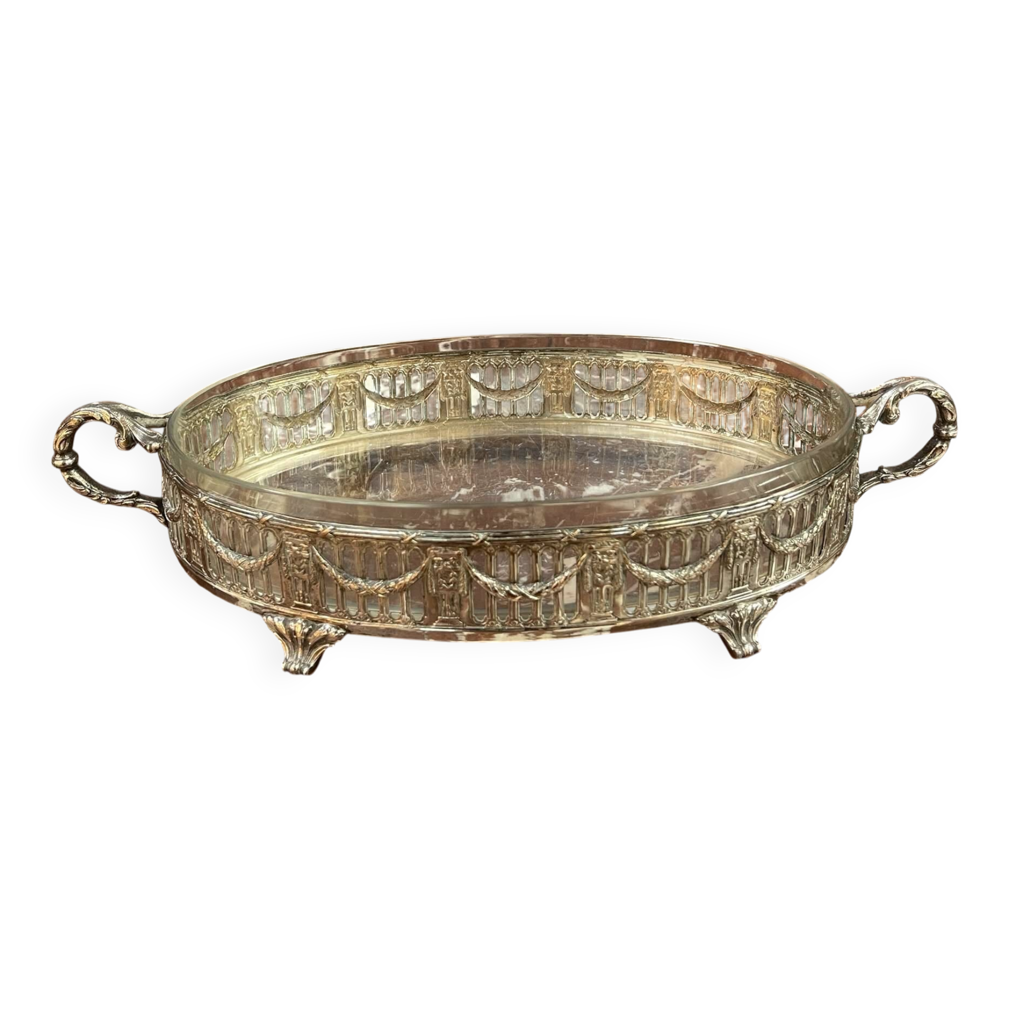 Silver-plated metal and glass centerpiece from the early 20th century