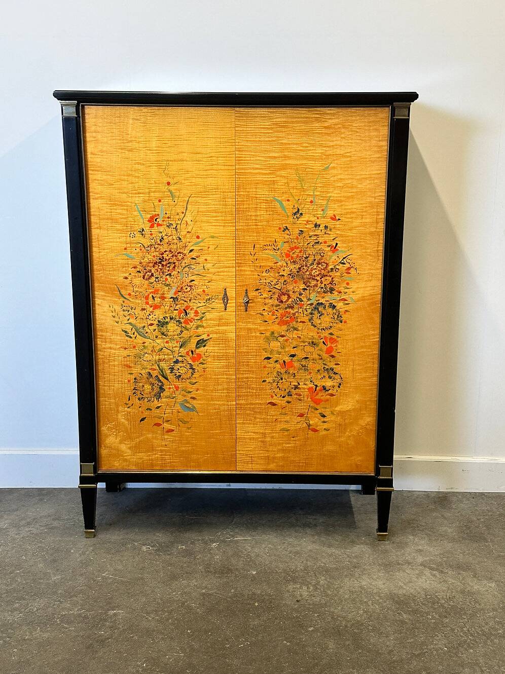 Exquisite 1950s neoclassical sycamore secretaire by Frères De Coene, Belgium.