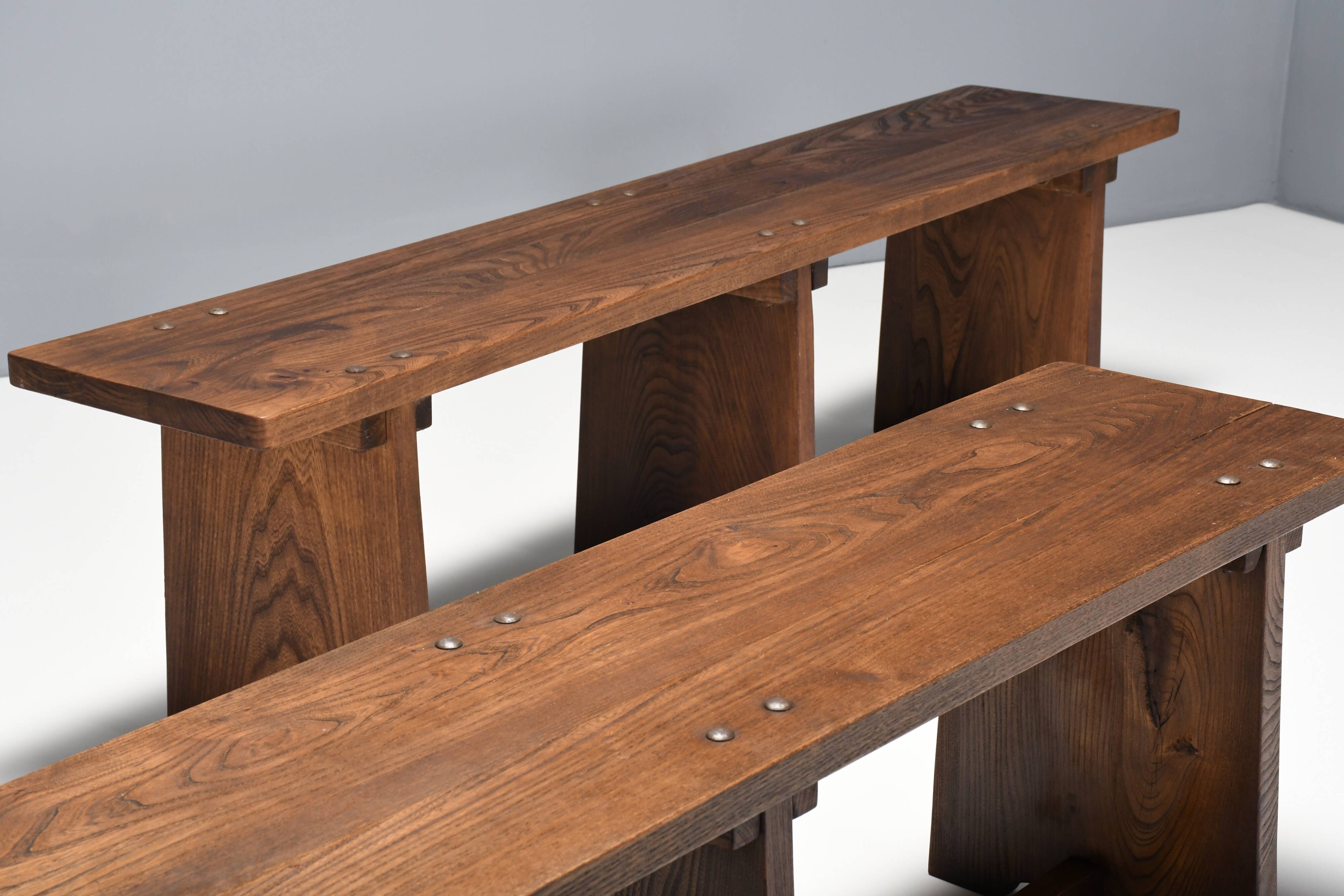 Set of French Artisan Benches in Solid Elm Wood, 1960s