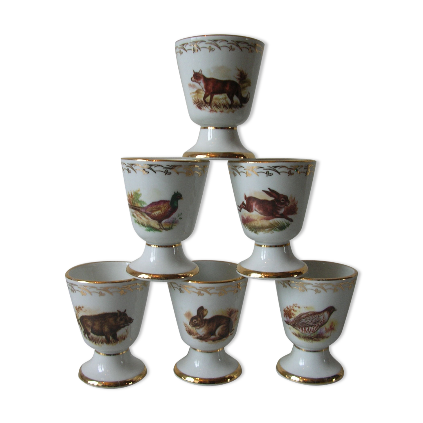 Ancien service à café 6 mazagrans porcelaine véritable décor gibier lièvre renard sanglier