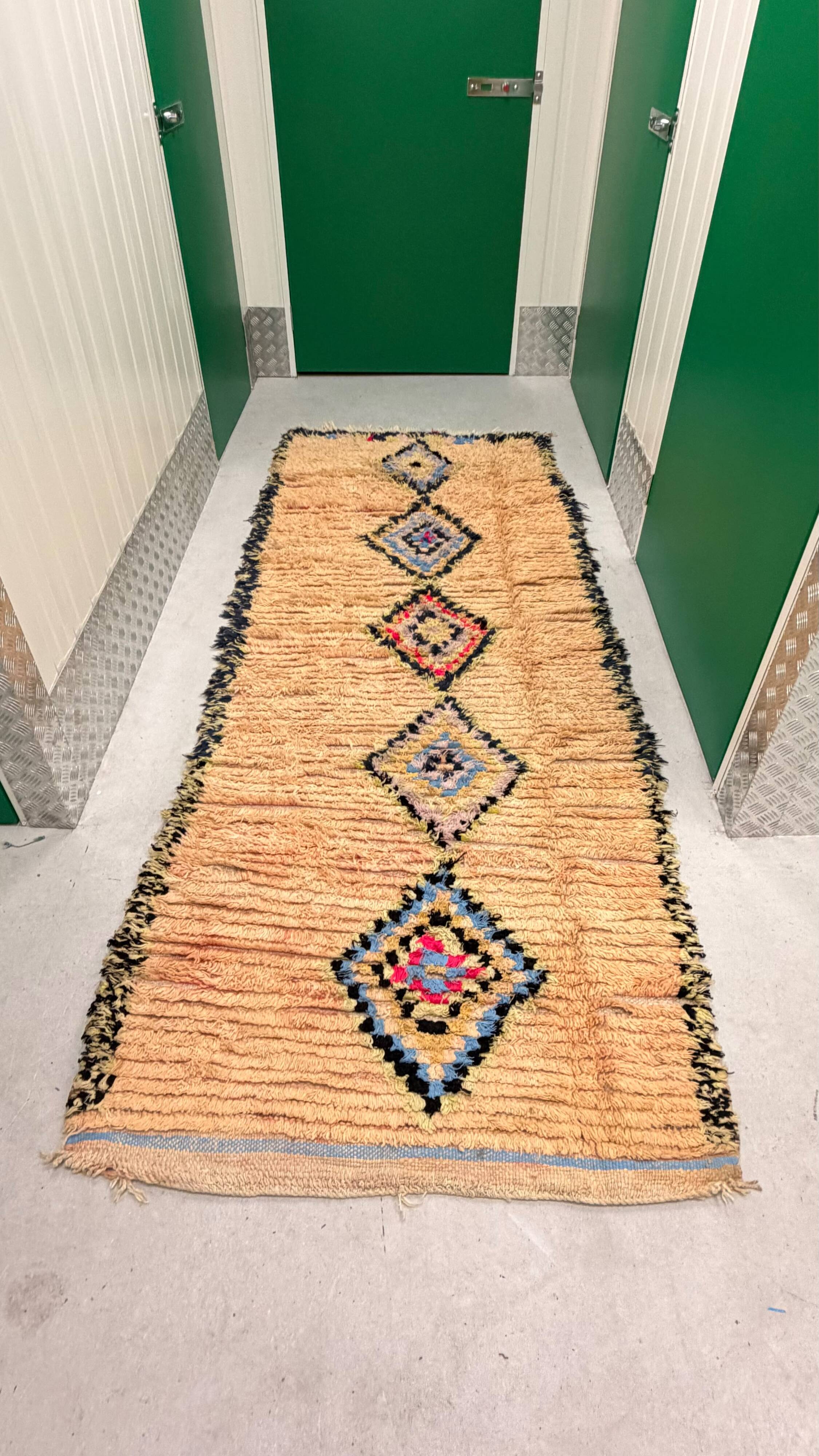 Vintage beige apricot Berber hallway rug with colourful patterns – 280 × 110 cm