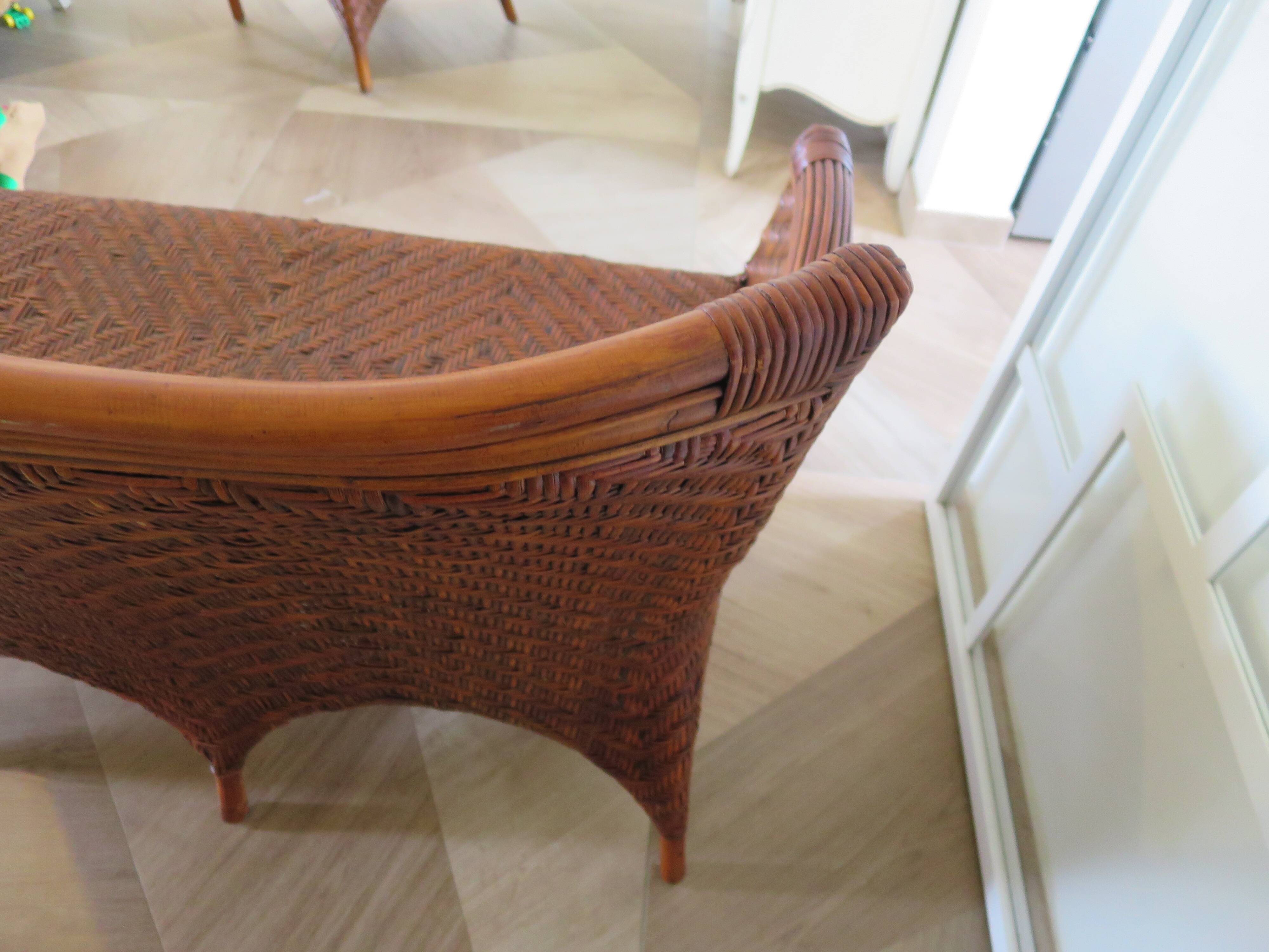Two-seater banquette in woven rattan, wood and bamboo, 1980s.
