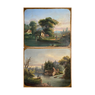 Pendant de Tableaux par Jean Ernest TEXIER (1829-1900) Paysage pêcheurs
