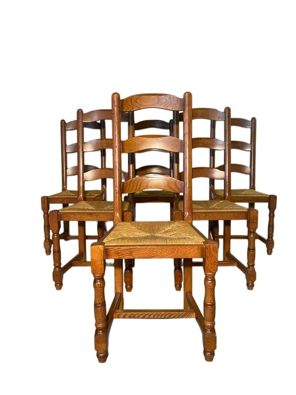 Ensemble de 6 chaises en bois massif avec assise en paille - Style rustique
