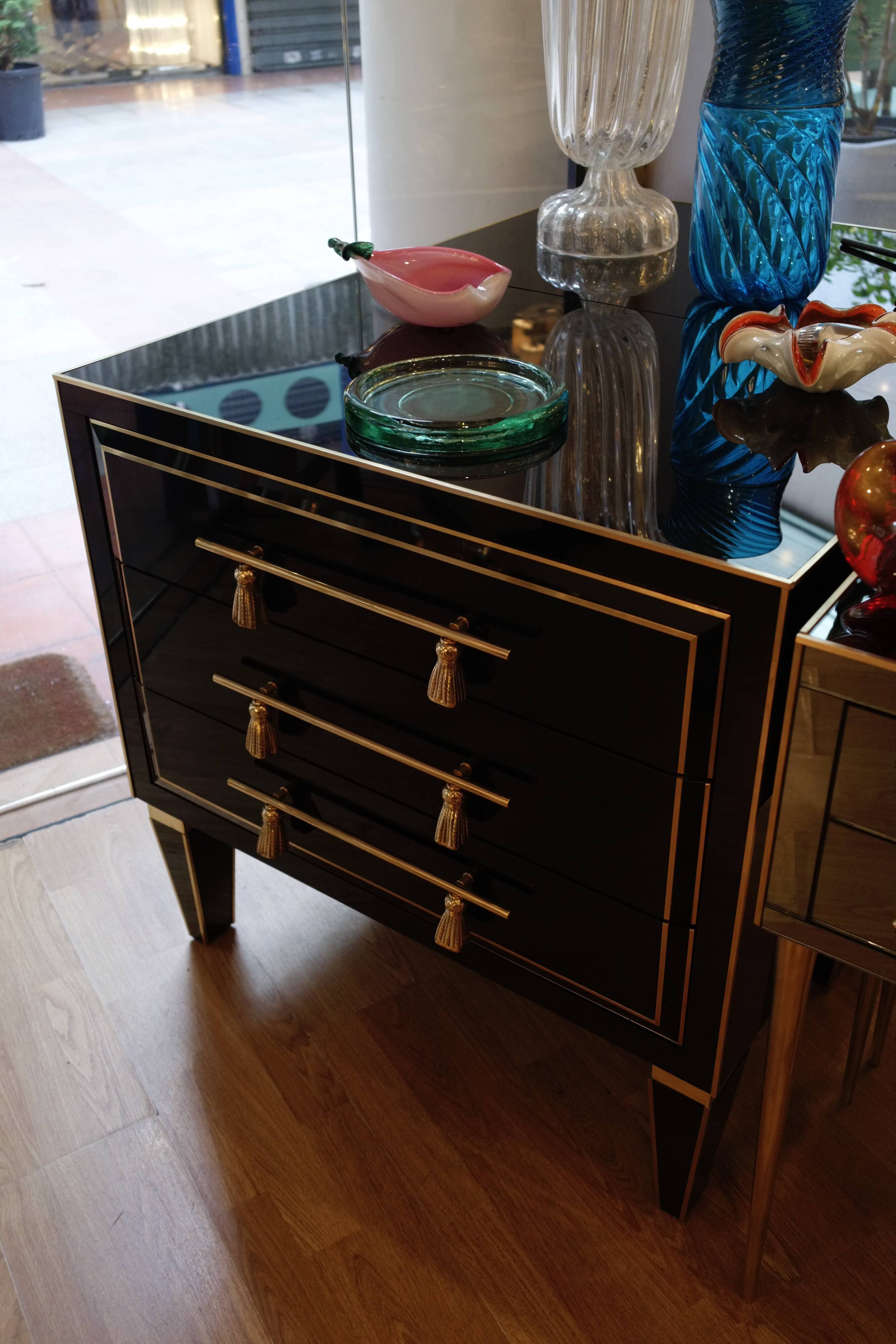 Pair of nightstands in stained glass and brass