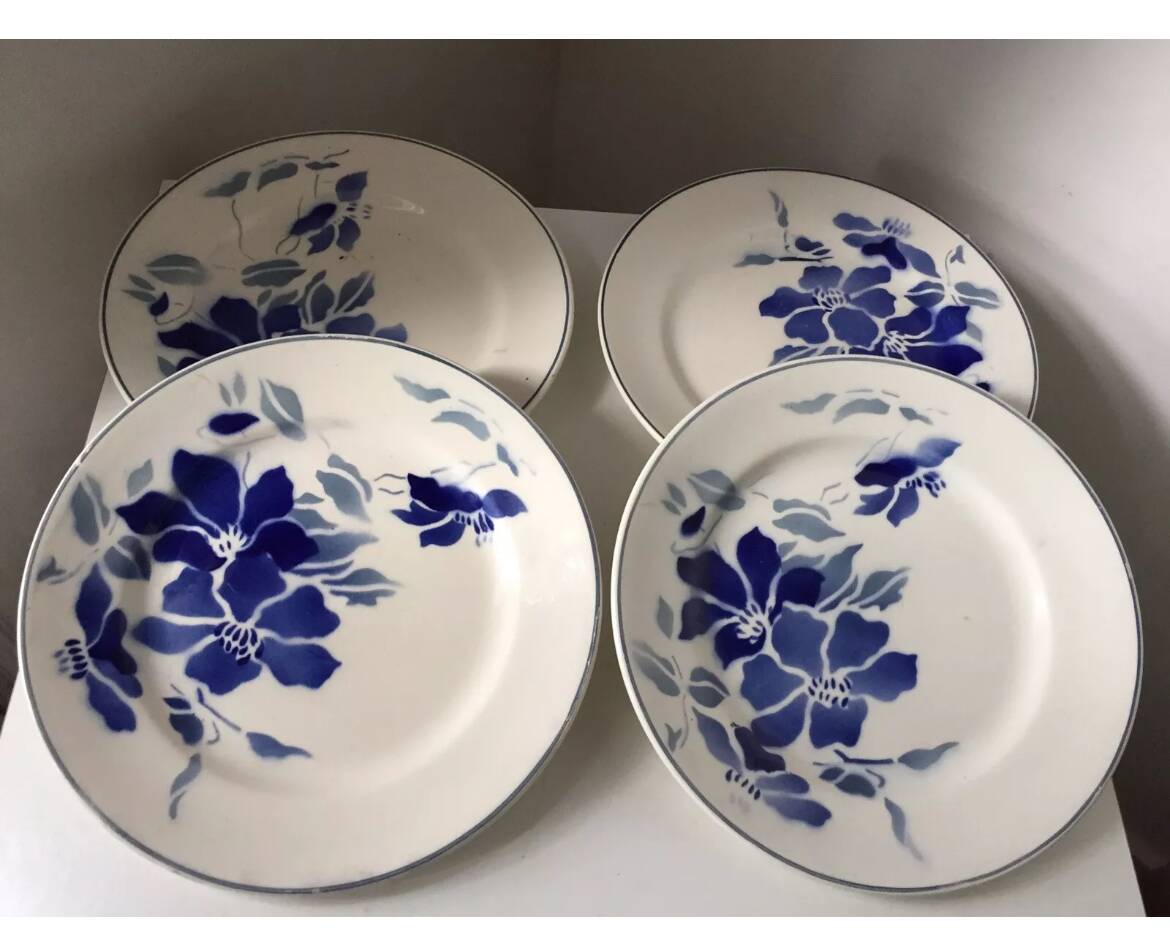 Ensemble assiettes 4 assiettes Longchamp Terre de fer décor fleurs