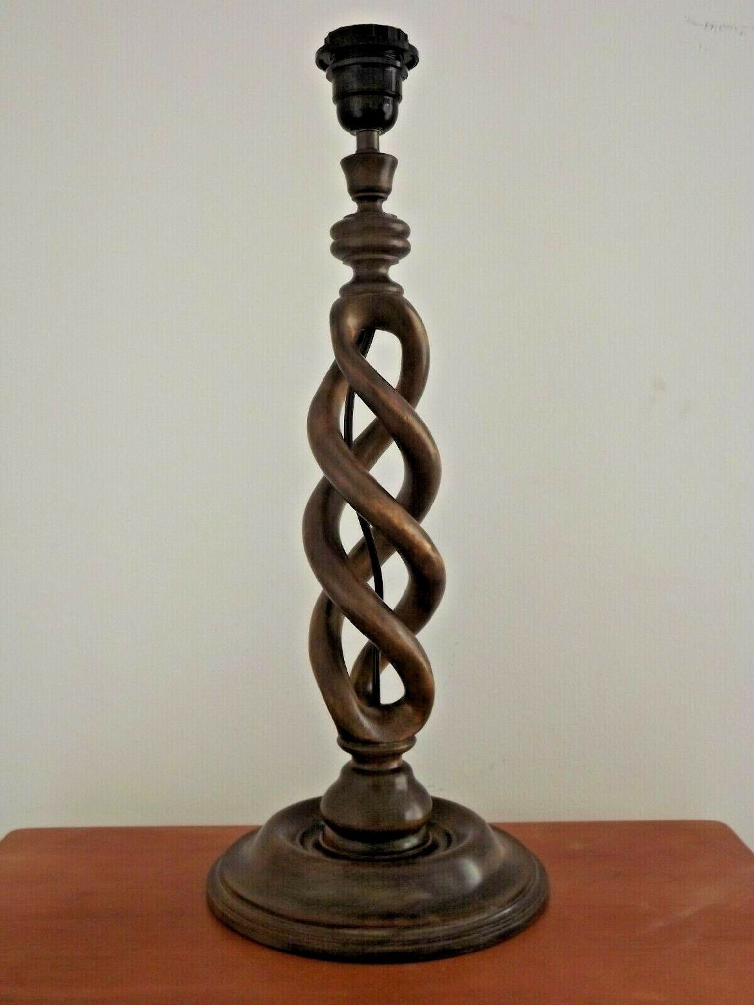 French tall wooden carved open weave barley twist table lamp base