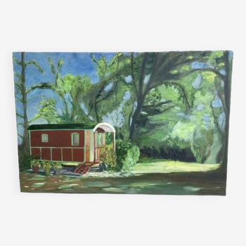 Table, painting on canvas, the caravan unsigned vintage