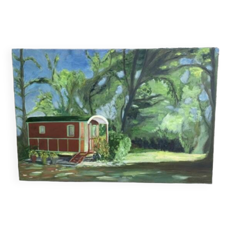Table, painting on canvas, the caravan unsigned vintage