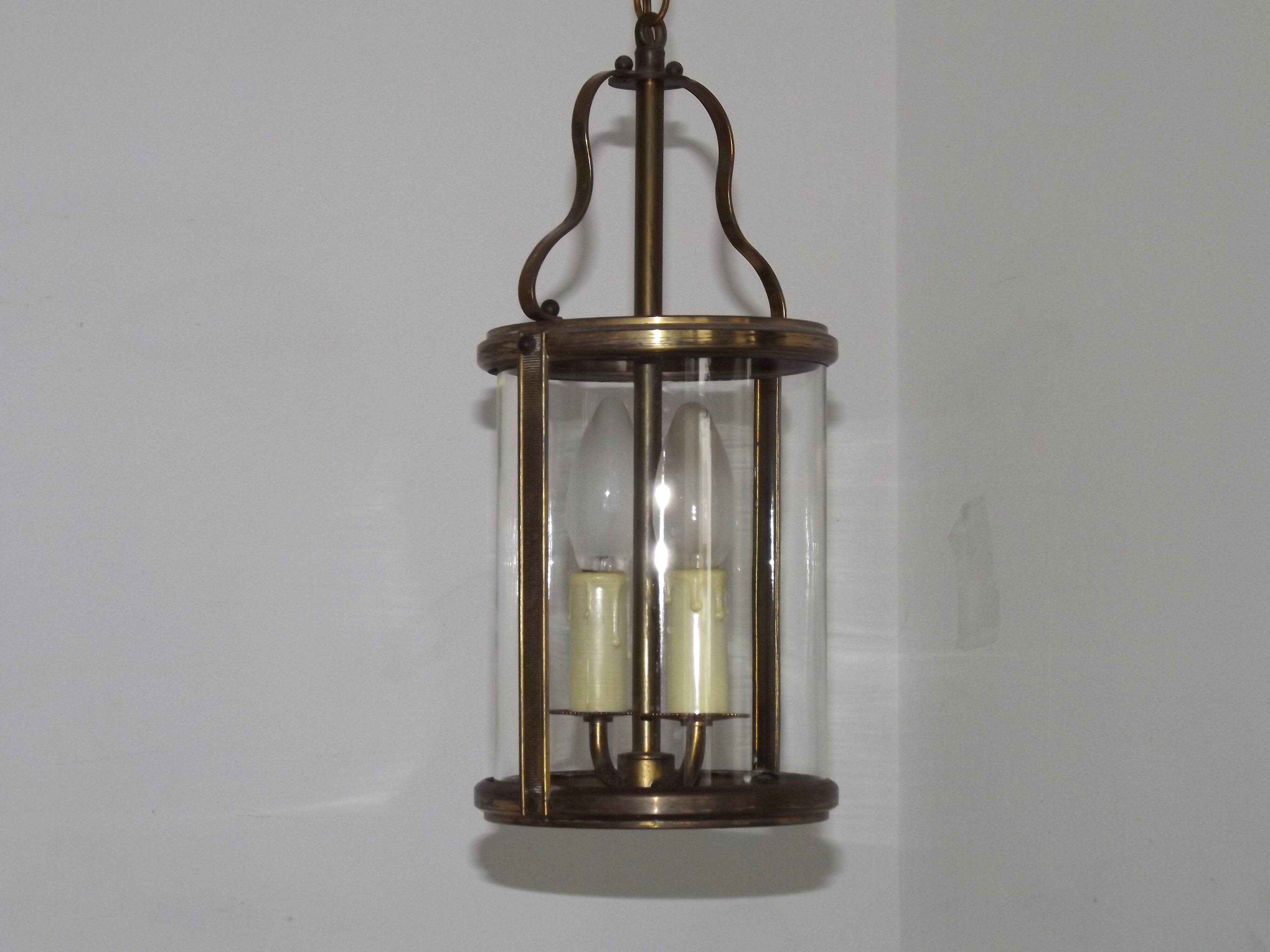 French Vintage Brass 2 Light Hanging Lantern With Cylindrical Glass Shade 4948
