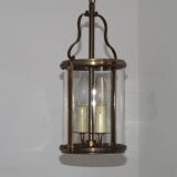 French Vintage Brass 2 Light Hanging Lantern With Cylindrical Glass Shade 4948