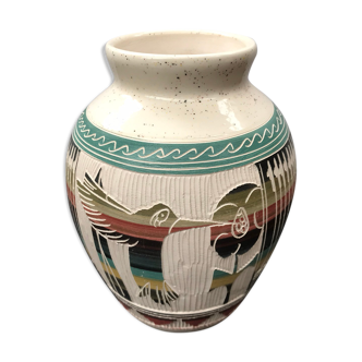 Vase céramique blanche décor ciselé coloré vintage