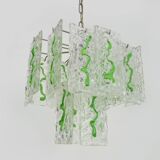 Lustre Mid-Century italien à plaques de verre suspendue décor vert