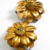 Pair of 70's gilded floral Regency wall or ceiling lamp with large leaves