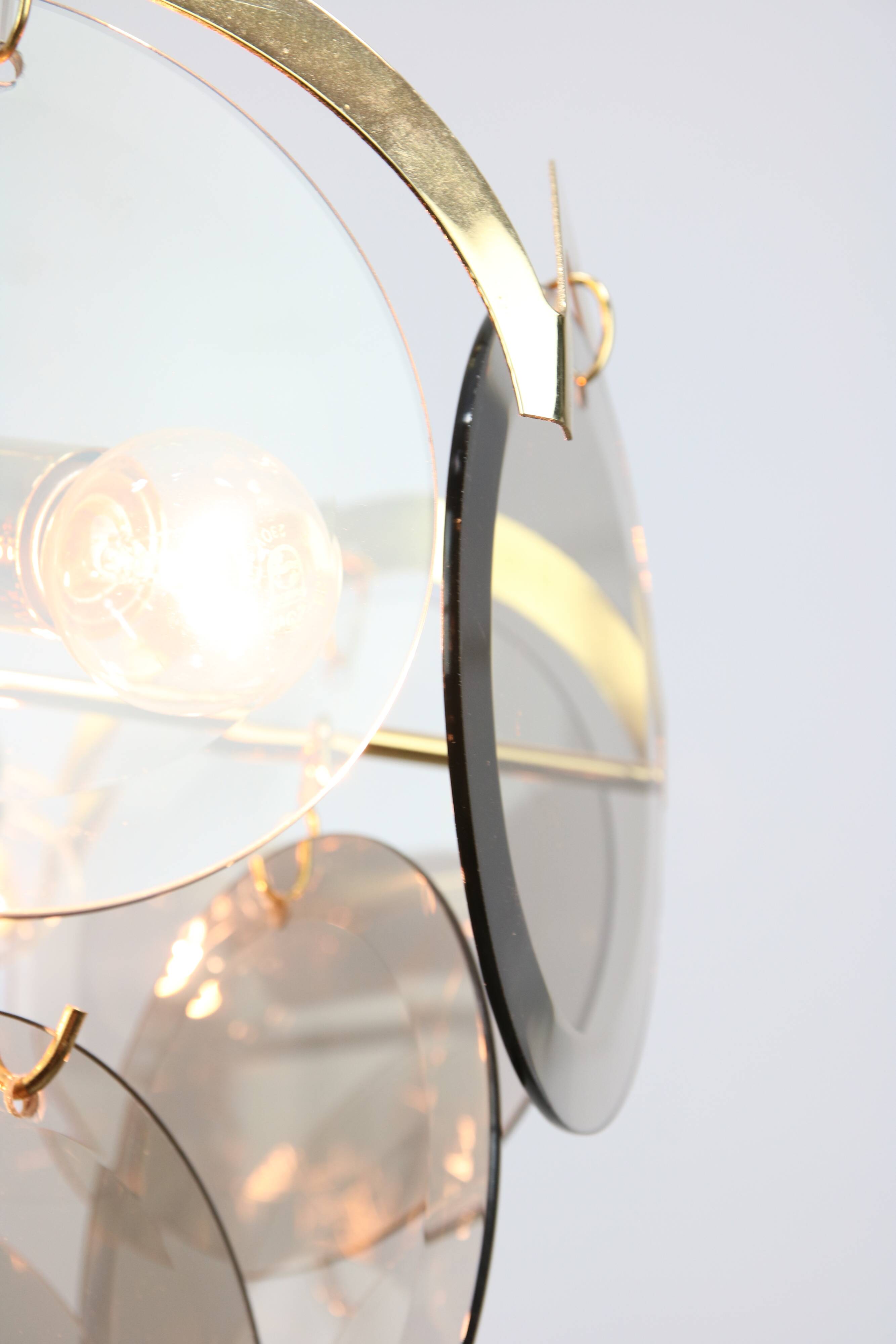 Vintage Vistosi Chandelier: Gold & Smoked Glass, Italian Mid-Century Lighti