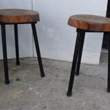 Pair of stools tripod in metal and wood log