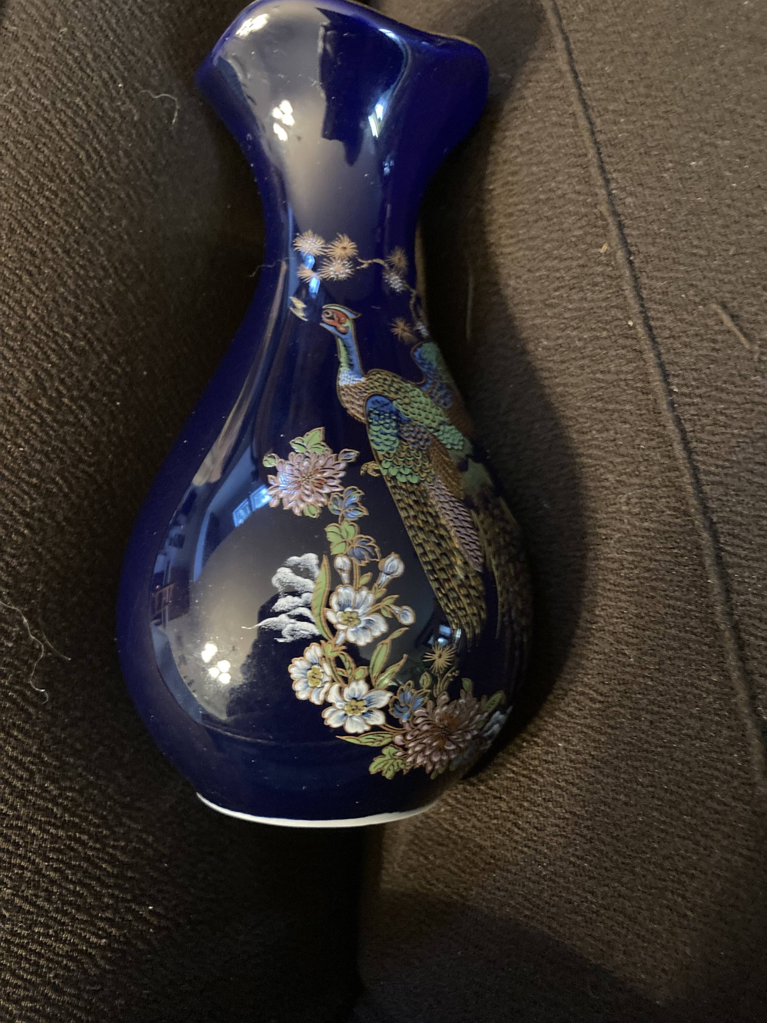 Limoges porcelain vase cobalt blue peacock motif orientalist flowers
